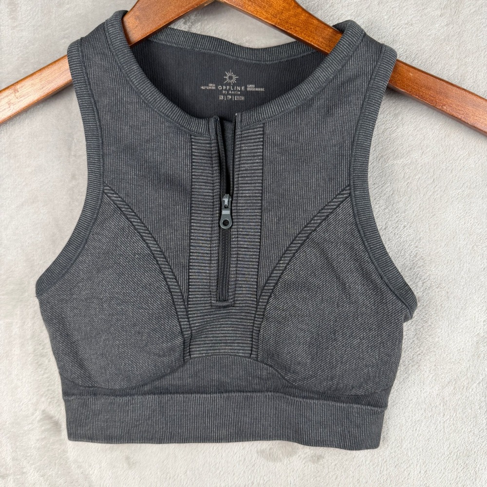 OFFLINE by Aerie Ribbed Quarter Zip Sports Bra Charcoal Grey XS Racerback Crop